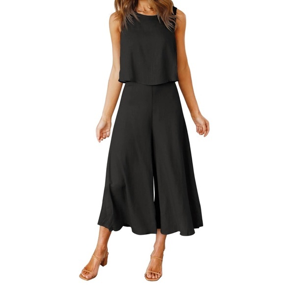 Pants - Women Two Piece Jumpsuit Black High Waisted Wide Leg Pant Sleeveless Set Medium